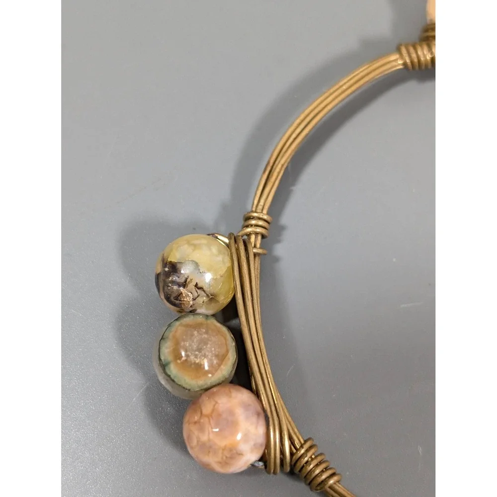 Wire Wrapped Stone Bead Bangle Bracelet Brass Tone Stackable Boho 8 Inch‎
